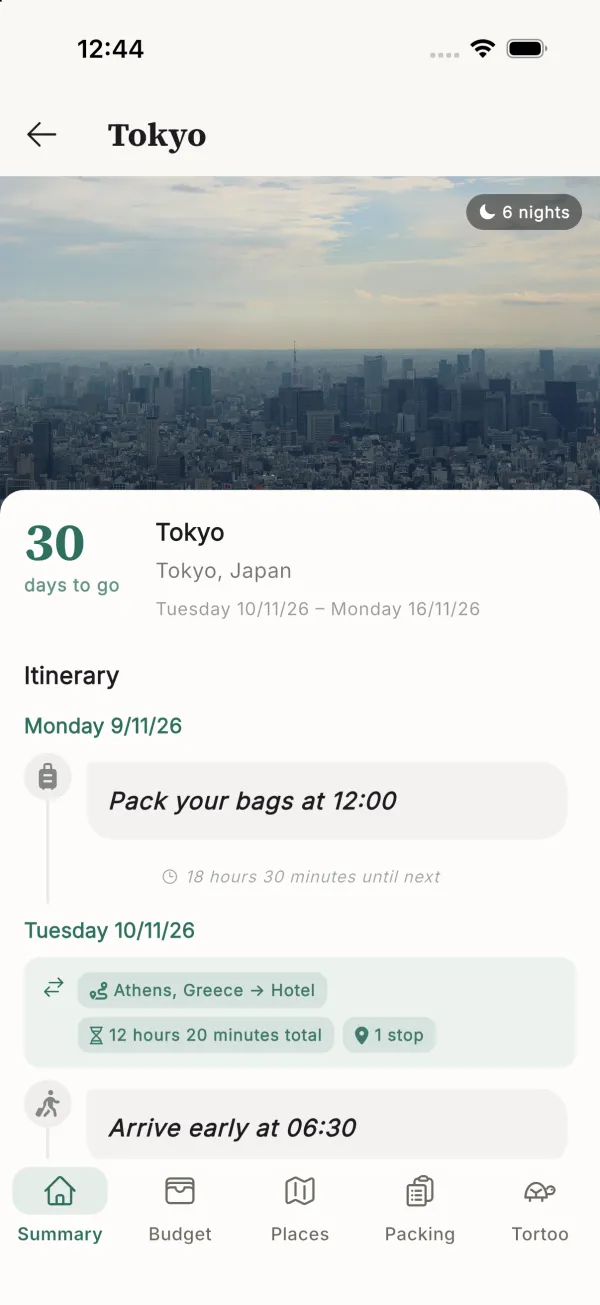 Day-by-day itinerary with live countdowns